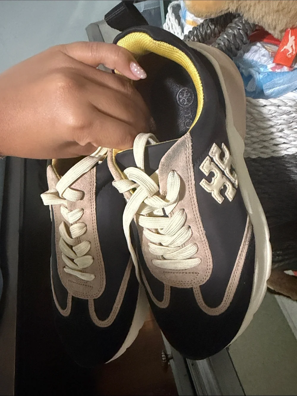 Tory Burch Black and Beige Chunky Platform Sneaker with Yellow Lining
